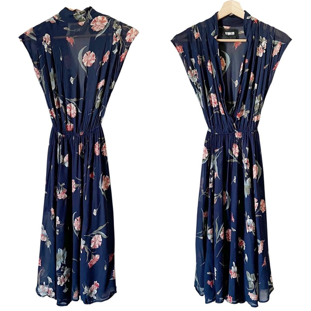 Reformation Navy Floral Midi Dress with Pink & Green Blooms - Picture 4 of 12